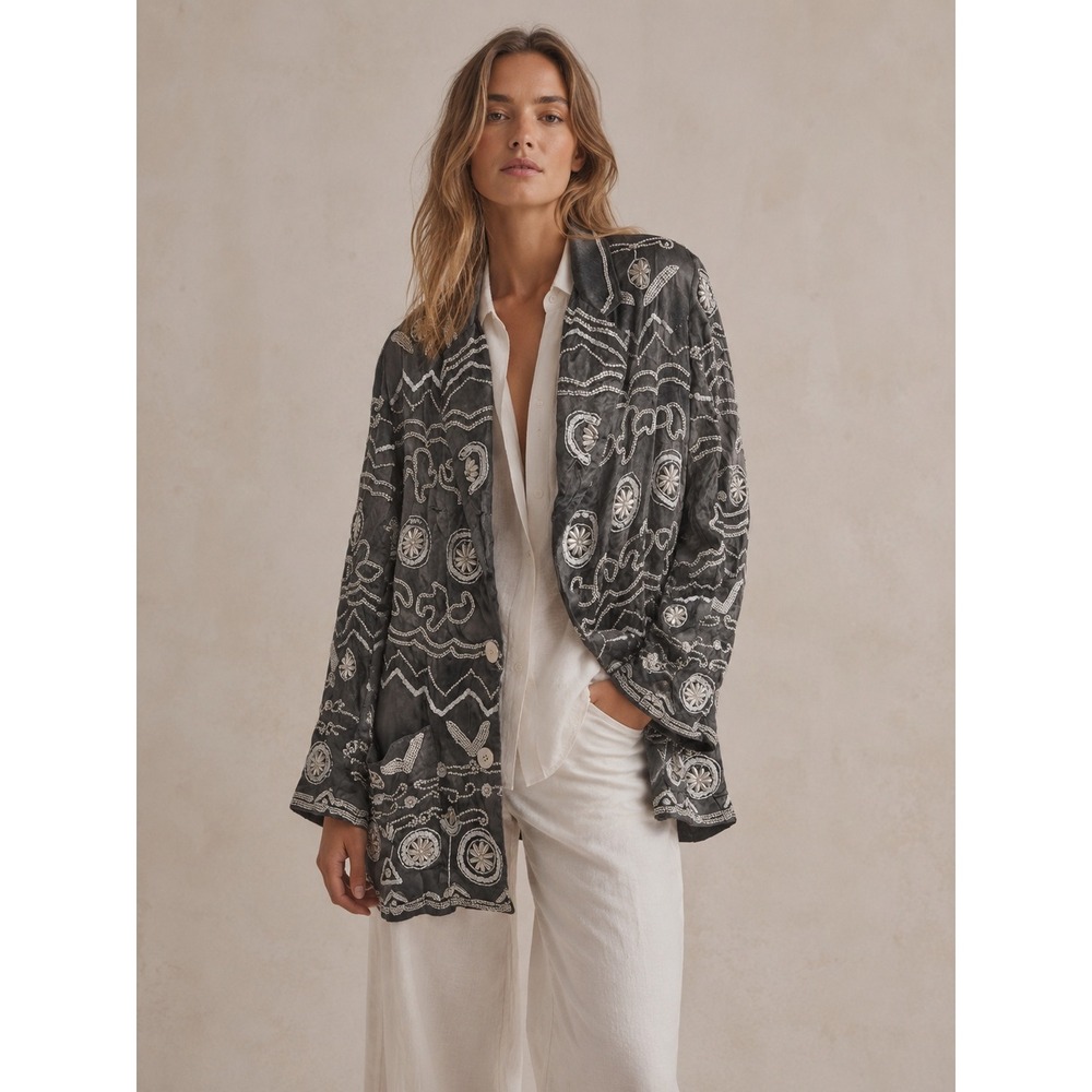 Sandy Starkman Beaded Jacket Artsy Resort Lagenlook Shell Embellished S
